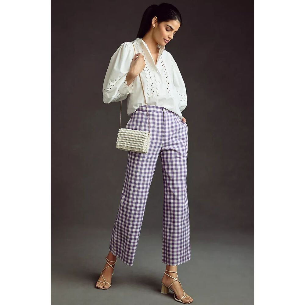 Anthropologie Antik Batik Polly Gingham Trousers lavender and white size xsmall